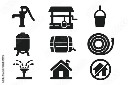 Rural Water Supply Icons. Solid style icons of rural water supply: water pump, well, bucket on rope, tank, barrel, hose, sprinkler