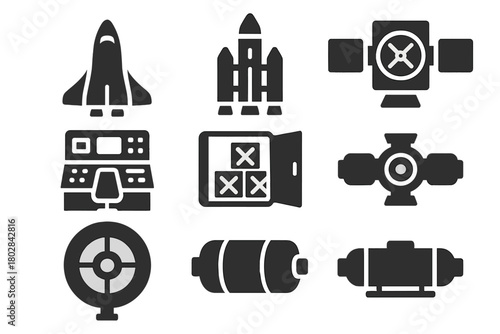 Futuristic Spacecraft Icons. Solid style icons of Future Spacecraft: sleek shuttle, modular rocket, ion thruster, control deck,