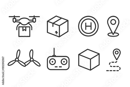 Drone Delivery Icons. Line style icons of Drone Delivery: Quadcopter, Package, Landing Pad, GPS, Propellers, Remote Controller,
