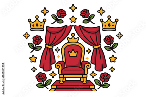 Royal Symmetry Elegance. Royal throne in the middle with curtains, crowns, roses, and stars arranged in elegant circular symmetry,