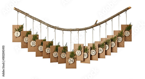 Creative handmade Christmas advent calendar featuring numbered paper envelopes decorated with green sprigs, suspended from a rustic branch for a festive countdown