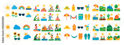 Colorful summer activity icons and symbols