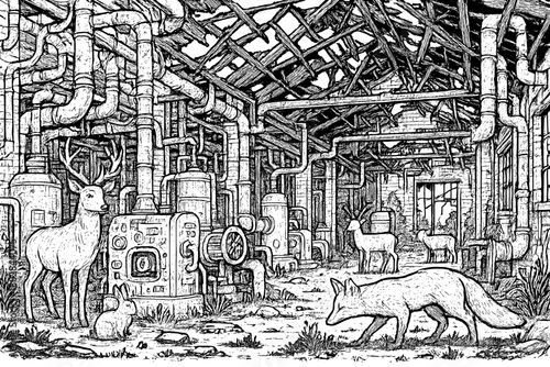 Abandoned Factory Wildlife. Rusting factory with broken pipes, collapsed roof, wild animals wandering among machines, black and