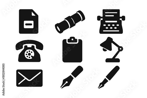 Workplace Technology Icons. Solid style icons of Workplace Technology: File, Pneumatic Tube, Typewriter, Telephone, Clipboard,