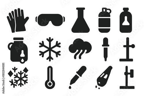 Lab Safety Icons. Solid style icons of Laboratory Safety: Safety Gloves, Protective Goggles, Lab Flask, Storage Dewar, Liquid