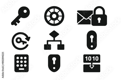 Cryptography Icon Set. Solid style icons of Cryptography: encryption key, cipher wheel, secure message, digital lock, decryption