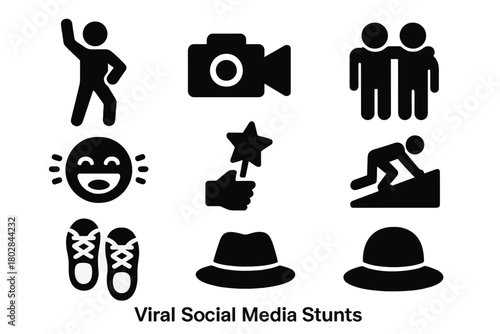 Social Media Stunt Icons. Solid style icons of Viral Social Media Stunts: Pose, Camera, Friends, Laughter, Props, Uncommon Surface