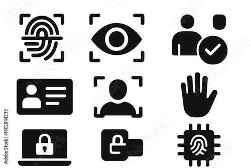 Biometric Security Icons. Solid style icons of Biometric Security: fingerprint scan, retina scanner, access grant, identity card,