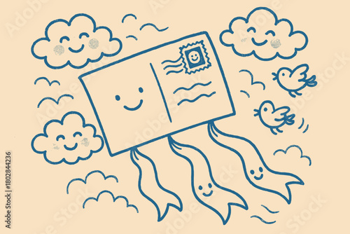 Magical Postcard Soaring. A doodle of a magical postcard flying like a kite, with smiling ribbons, cheerful clouds, and birds