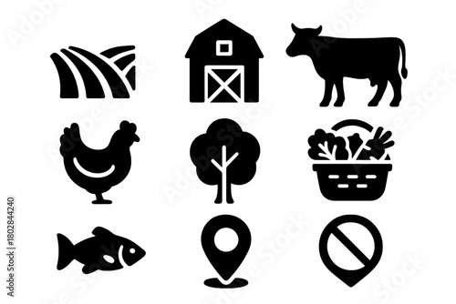 Farm Fresh Icons. Solid style icons of food origin: farm field, barn, cow, chicken, tree, basket of vegetables, fish, map pin, No