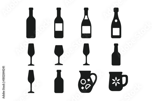 Solid Wine Icons. Solid style icons of wine varieties: red bottle, white bottle, rosé bottle, sparkling bottle, champagne flute,