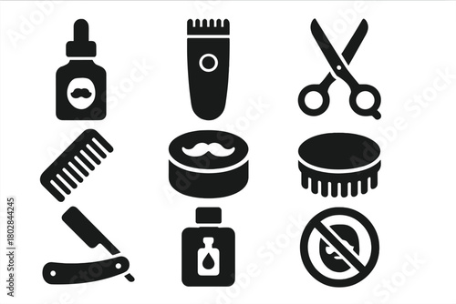 Beard Grooming Icons. Solid style icons of Beard Grooming: Beard Oil, Trimmer, Scissors, Comb, Mustache Wax, Brush, Razor,