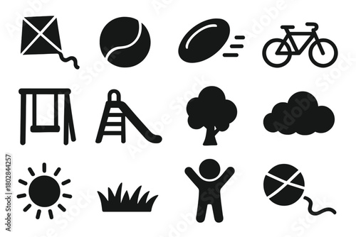 Outdoor Activity Icons. Solid style icons of Outdoor Activities: Kite, Ball, Frisbee, Bicycle, Swing, Slide, Tree, Cloud, Sun,
