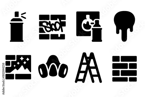 Graffiti Icon Set. Solid style icons of Graffiti Culture: spray can, wall tag, stencil art, paint drip, urban mural, graffiti mask