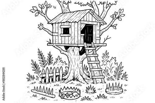 Intricate Treehouse Base. Makeshift treehouse base built from scavenged wood and metal, surrounded by traps and wild plants, black