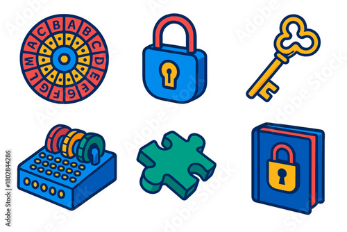 Cipher Puzzle Icons. Isometric vector illustration set Puzzle Codes: circular cipher, lock icon, decorative key, enigma machine,