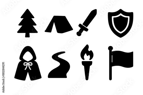 Outdoor Roleplay Icons. Solid style icons of Outdoor Roleplay: Forest, Tent, Sword, Shield, Costume, Path, Torch, Flag, No text,