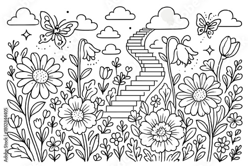 Dream Garden Escape. Peaceful dream garden with oversized flowers, glowing butterflies, and staircases into the sky, black and