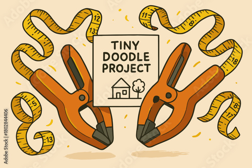 Smiling Clamps with Tape. Smiling clamps holding a tiny doodle project, surrounded by flying measuring tape curls