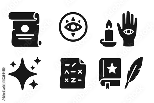 Mystical Prophecy Icons. Solid style icons of Hidden Prophecy: Aged Scroll, Prophetic Symbol, Fire Candle, Mystical Hand, Star
