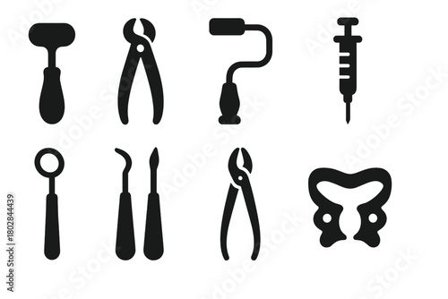 Antique Dental Tools Icons. Solid style icons of Antique Dental Tools: Tooth Key, Extraction Pliers, Hand Drill, Syringe, Mirror,