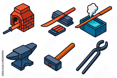 Swordmaking Tools Icons. Isometric vector illustration set Swordmaking: Forge, Folded Steel, Quenching, Anvil, Hammer, Tongs. No
