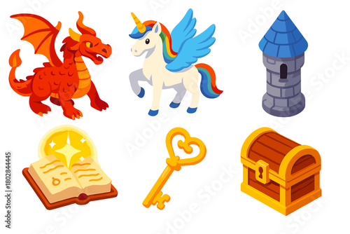 Legendary Fantasy Icons. Isometric vector illustration set Legendary Fantasy: red dragon, unicorn with wings, castle tower,