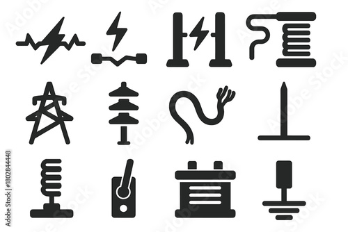 Electrical Icon Set. Solid style icons of Lightning Generation: Electrical Arc, Lightning, Spark Gap, Copper Coil, Tower,