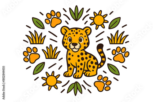 Cheetah Speedy Symmetry. Cheetah in the middle with paw prints, suns, savanna grass, and leaves radiating outward in speedy