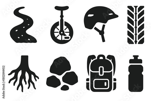 Off-Road Unicycling Icons. Solid style icons of Off-Road Unicycling: Dirt Path, Unicycle, Helmet, Tire Tread, Roots, Rocks,