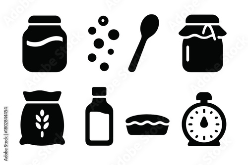 Fermentation Icon Set. Solid style icons of Starter Growth: Rising Jar, Bubbles Forming, Wooden Spoon, Cloth Cover, Grain Bag,