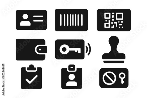 Membership Icons Collection. Solid style icons of membership card: ID card, barcode, QR code, wallet, keycard, stamp, clipboard