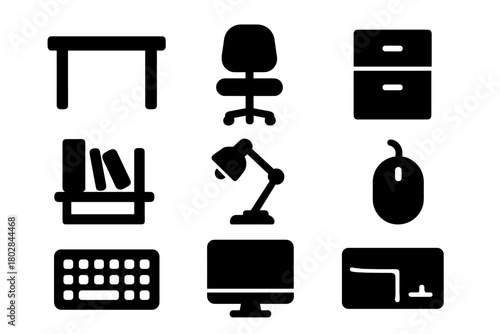Workspace Essentials Icons. Solid style icons of workspace essentials: desk, swivel chair, filing cabinet, bookshelf, desk lamp,