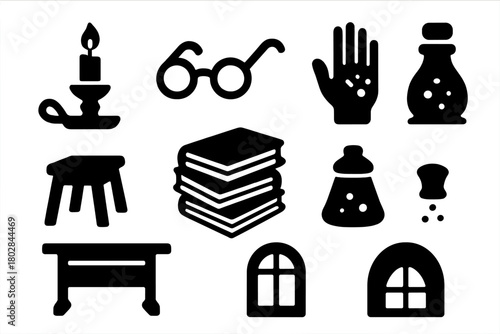 Scriptorium Essentials Icons. Solid style icons of Scriptorium Life: candle stand, reading glasses, ink-stained hand, scribe stool