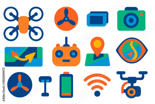 Modern Drone Icons. Flat vector icons of Drone Flight: drone, propeller, camera, aerial view, remote, GPS, rotor, battery, signal,