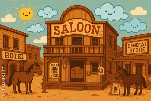 Wild West Delight. Charming Wild West town street with saloon, wanted posters, horseshoes, and happy doodle clouds