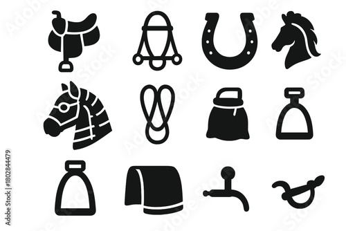 Knight's Horse Gear. Solid style icons of knight’s horse: saddle, bridle, horseshoe, barding armor, reins, plume, stirrup, feed
