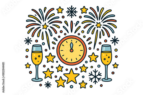 Festive New Year Celebration. New Year clock in the center with fireworks, champagne glasses, stars, and snowflakes forming a