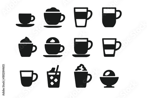 Coffee Icons Collection. Solid style icons of coffee drinks: espresso shot, cappuccino, latte, macchiato, flat white, americano,