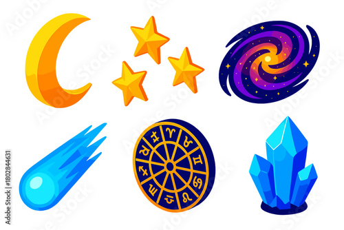 Celestial Symbol Icons. Isometric vector illustration set Celestial Symbols: half moon, golden stars, glowing galaxy, icy comet,