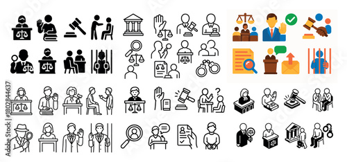 Courtroom icons: justice and law symbols