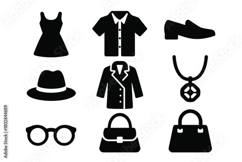Timeless Fashion Icons. Solid style icons of timeless design: dress, shirt, shoe, hat, coat, jewelry, glasses, handbag, No text,