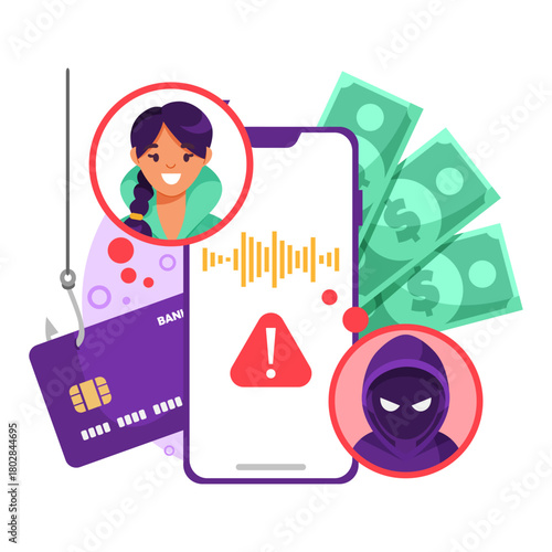 Smartphone with warning symbol, hacker icon, and phishing credit card on white background, concept of online scam and cyber fraud. Vector illustration