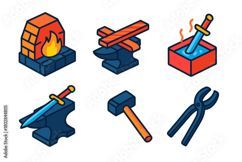 Swordmaking Tools Icons. Isometric vector illustration set Swordmaking: Forge, Folded Steel, Quenching, Anvil, Hammer, Tongs. No