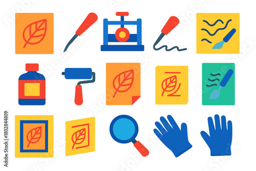 Minimalist Copper Engraving Icons. Flat vector icons of Copper Engraving: plate, burin, press, etching, ink, roller, print, paper,