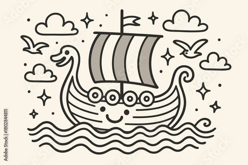 Joyful Viking Journey. Whimsical doodle vector illustration of a smiling Viking longship sailing on doodle waves, surrounded by