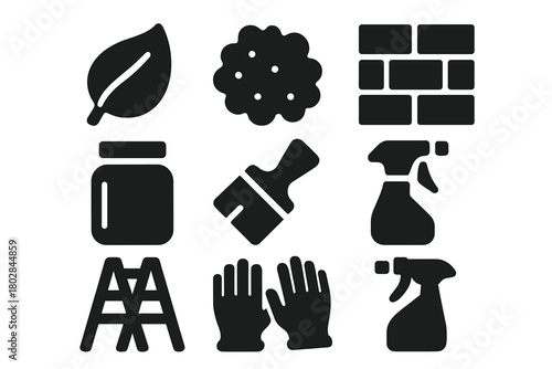 Botanical Art Icons. Solid style icons of Botanical Street Art: Leaf, Moss Paste, Wall, Jar, Brush, Spray Bottle, Ladder, Gloves,