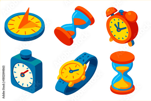 Bright Time Icons. Isometric vector illustration set Time Icons: sundial circle, tipped hourglass, twin-bell alarm clock,