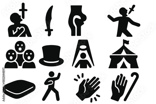 Daring Sword Performance. Solid style icons of Daredevil Entertainer: Sword Swallowing, Curved Sword, Throat, Performance,