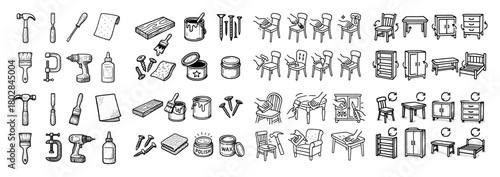 Hand-drawn furniture and tools set
